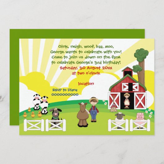 かわいい納屋周囲の庭ファーム動物子供の誕生日 招待状 (正面/裏面)