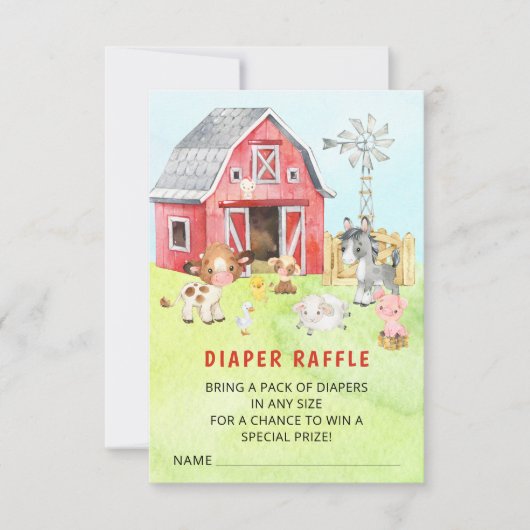 かわいい納屋周囲の庭フレンズ赤ちゃんシャワーおむつラッフル 招待状 (正面)