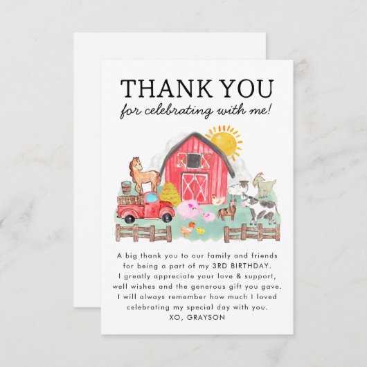 かわいい納屋周囲の庭動物キッズファーム誕生日ありがとう (正面/裏面)