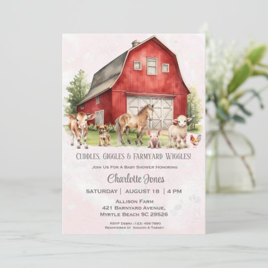 かわいい納屋周囲の庭動物ジェンダーニュートラル赤ちゃんシャワー 招待状 (スタンド正面)