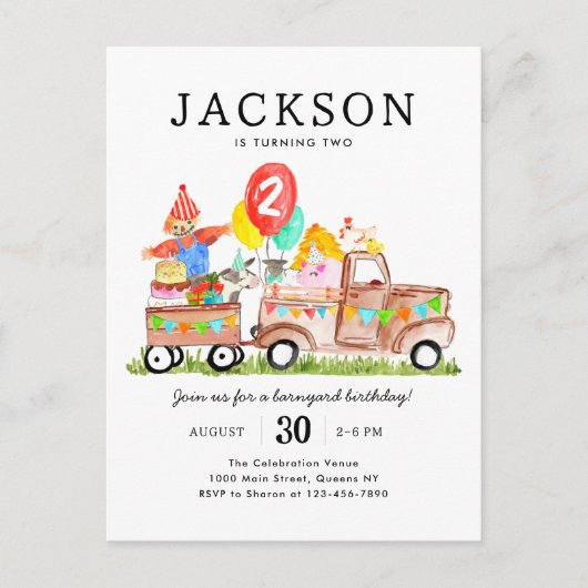 かわいい納屋周囲の庭動物トラックキッズファーム誕生日 ポストカード (正面)