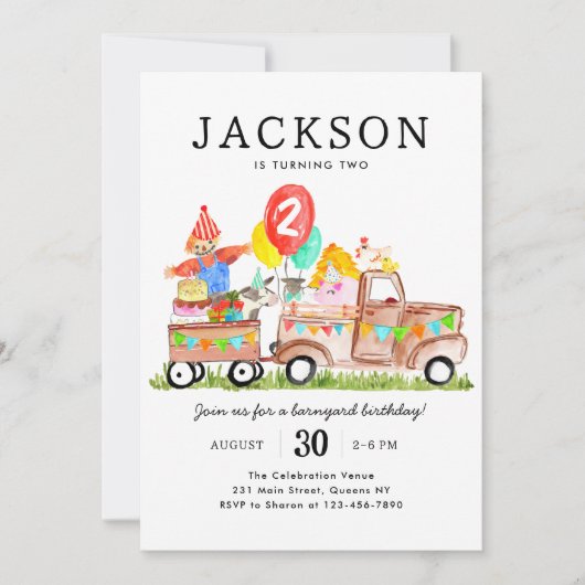 かわいい納屋周囲の庭動物トラックキッズファーム誕生日 招待状 (正面)