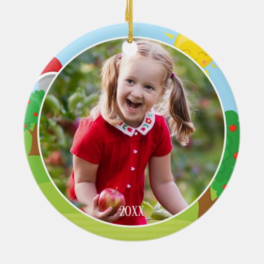 かわいい納屋周囲の庭動物，農家ガールフォトクリスマス セラミックオーナメント (裏面)