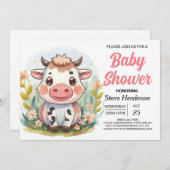 かわいい納屋周囲の庭印刷可能な牛の赤ちゃんシャワー 招待状 (正面/裏面)
