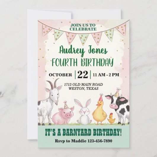 かわいい納屋周囲の庭誕生日 招待状 (正面)