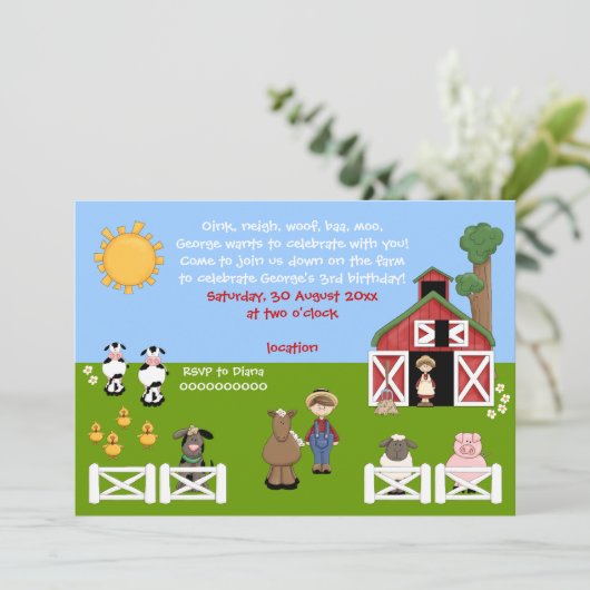 かわいい納屋周囲の庭農場動物の子供の誕生日 招待状 (スタンド正面)