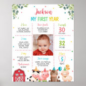かわいい納屋周囲の庭農場動物誕生日マイルストーンのサイン ポスター (正面)