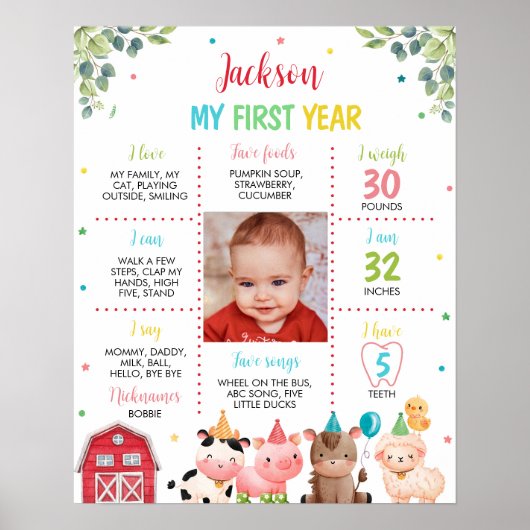 かわいい納屋周囲の庭農場動物誕生日マイルストーンのサイン ポスター (正面)