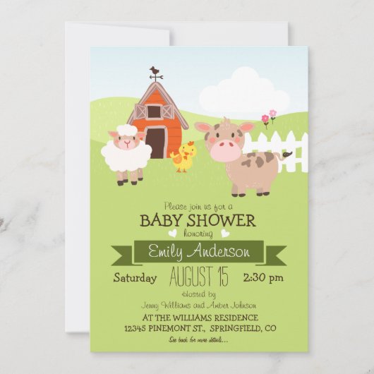 かわいい納屋&農業動物,農家テーマベビーシャワー 招待状 (正面)