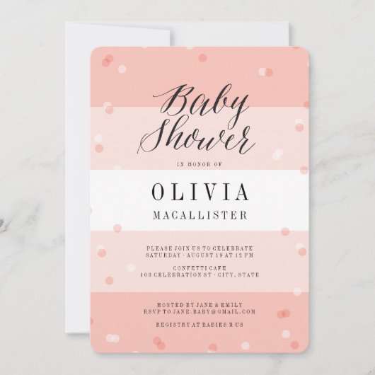 かわいい紙吹雪ストライプピンクの女の子ベビーシャワー招待状 招待状 (正面)