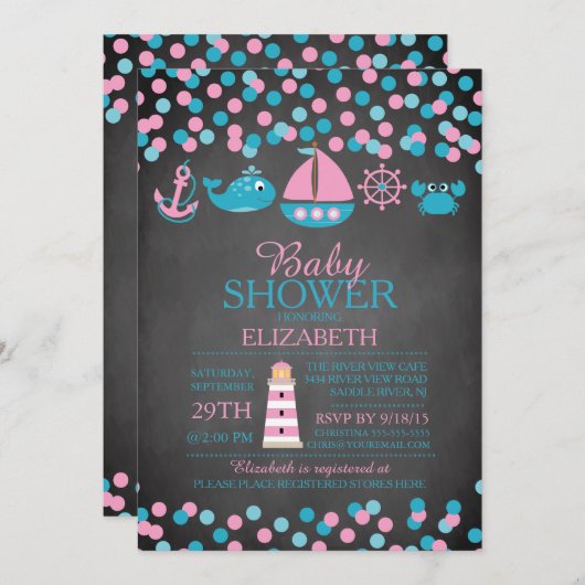 かわいい紙吹雪航海のガールベビーシャワー招待状 招待状 (正面/裏面)