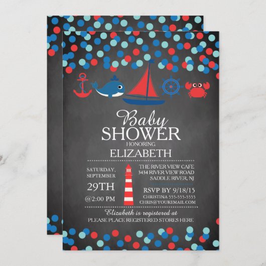 かわいい紙吹雪航海のボーイズベビーシャワー招待状 招待状 (正面/裏面)