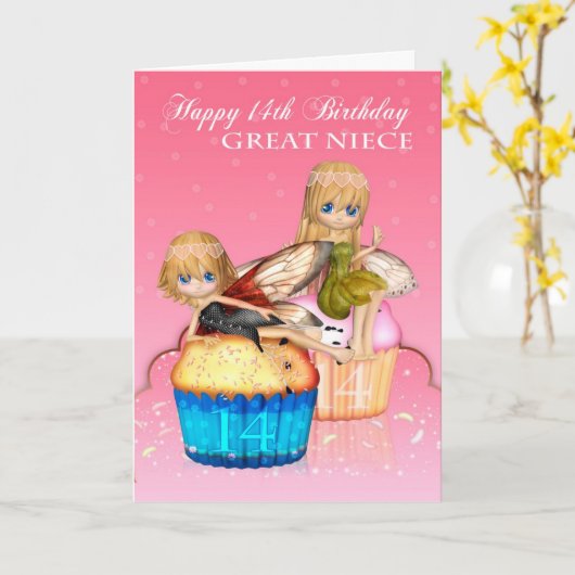 かわいい素晴らし妖精のケーキが飾られた姪の14誕生日 カード (黄色い花)