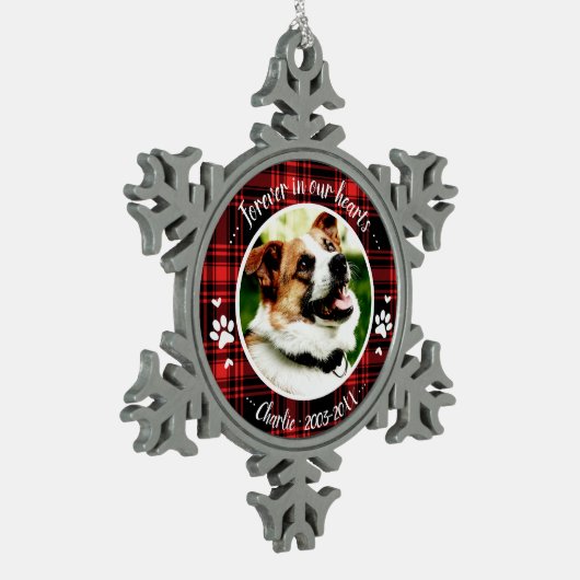 かわいい素朴な犬のペット追悼カスタム写真 スノーフレークピューターオーナメント (左)