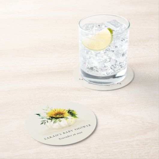 かわいい素朴ひまわりカボチャフローラベビーシャワー ラウンドペーパーコースター (インサイチュ)