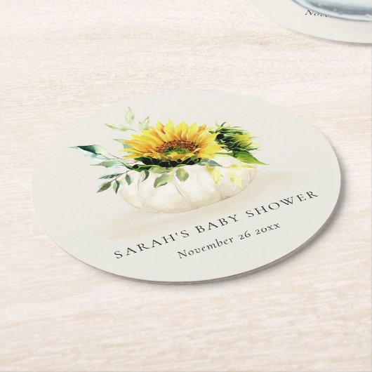 かわいい素朴ひまわりカボチャフローラベビーシャワー ラウンドペーパーコースター (アングル)