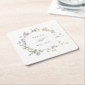 かわいい素朴イエローメドウフローラ結婚リース スクエアペーパーコースター (アングル)