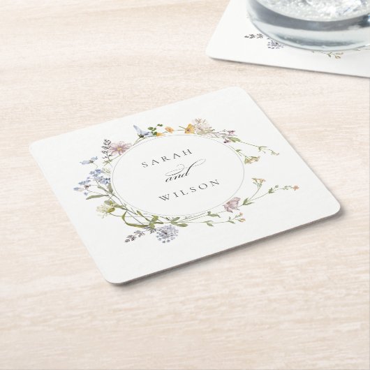 かわいい素朴イエローメドウフローラ結婚リース スクエアペーパーコースター (アングル)
