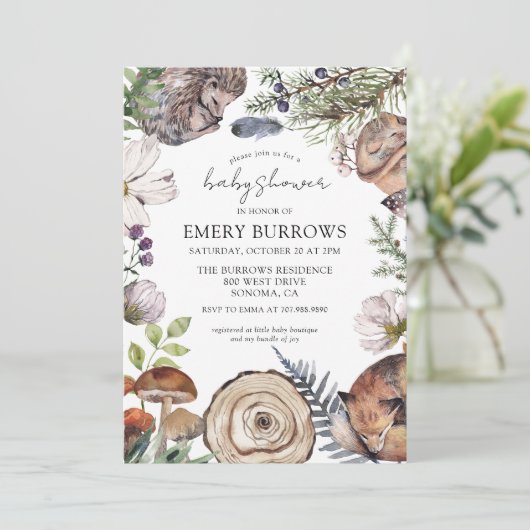 かわいい素朴ウッドランド動物の赤ちゃんシャワー 招待状 (スタンド正面)