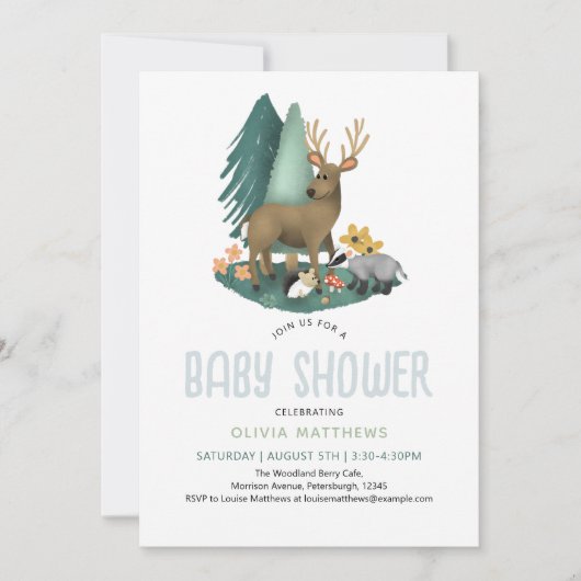 かわいい素朴ウッドランド動物の赤ちゃんシャワー 招待状 (正面)