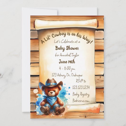 かわいい素朴カウボーイテディベア少年の赤ちゃんシャワー 招待状 (正面)