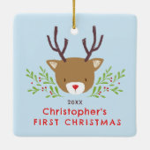 かわいい素朴トナカイベビーの初めてのクリスマス セラミックオーナメント (裏面)