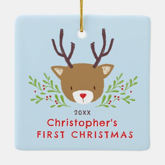 かわいい素朴トナカイベビーの初めてのクリスマス セラミックオーナメント (裏面)