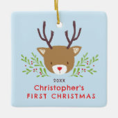 かわいい素朴トナカイベビーの初めてのクリスマス セラミックオーナメント (正面)