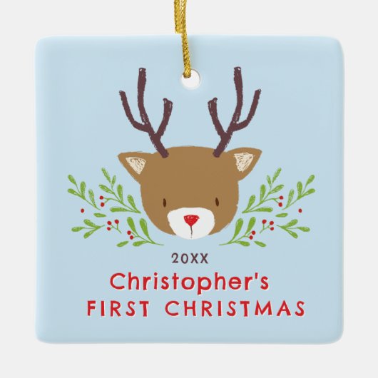 かわいい素朴トナカイベビーの初めてのクリスマス セラミックオーナメント (正面)