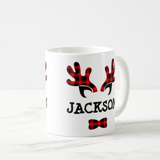 かわいい素朴バッファロープレイドトナカイ〔雄ジカの〕枝角名 コーヒーマグカップ (正面右)