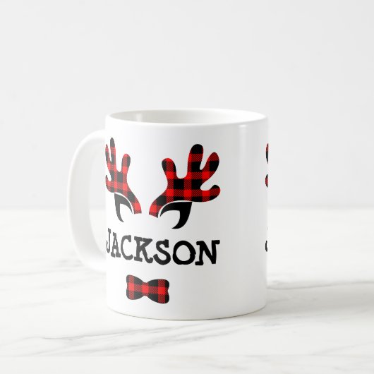 かわいい素朴バッファロープレイドトナカイ〔雄ジカの〕枝角名 コーヒーマグカップ (正面左)