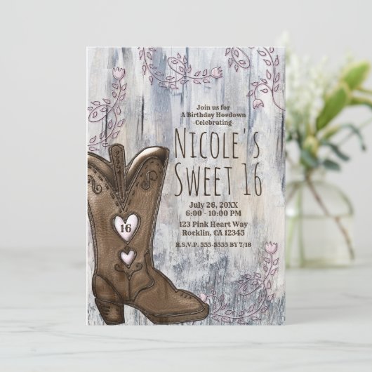 かわいい素朴ピンクハート女性のカーボーイブーツスウィート16 招待状 (スタンド正面)