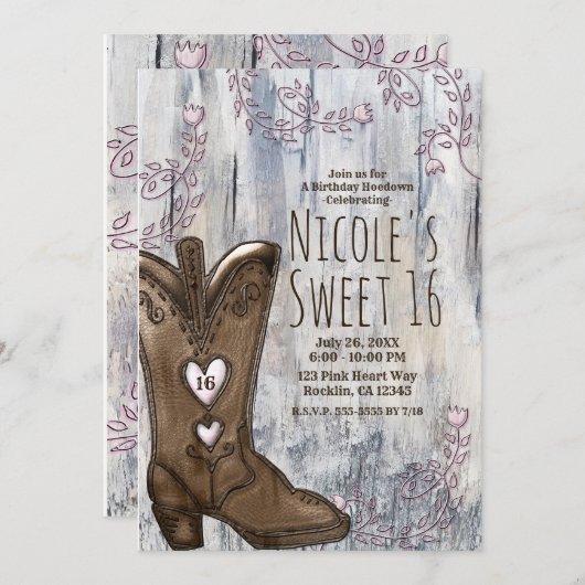 かわいい素朴ピンクハート女性のカーボーイブーツスウィート16 招待状 (正面/裏面)