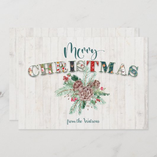 かわいい素朴フローラメリークリスマスタイポグラフィ シーズンカード (正面/裏面)