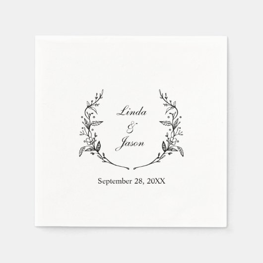 かわいい素朴フローラリース白黒結婚ズ スタンダードカクテルナプキン (正面)
