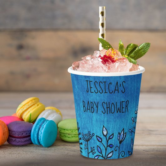 かわいい素朴ブルーフローラ名前をカスタムするベビーシャワー 紙コップ