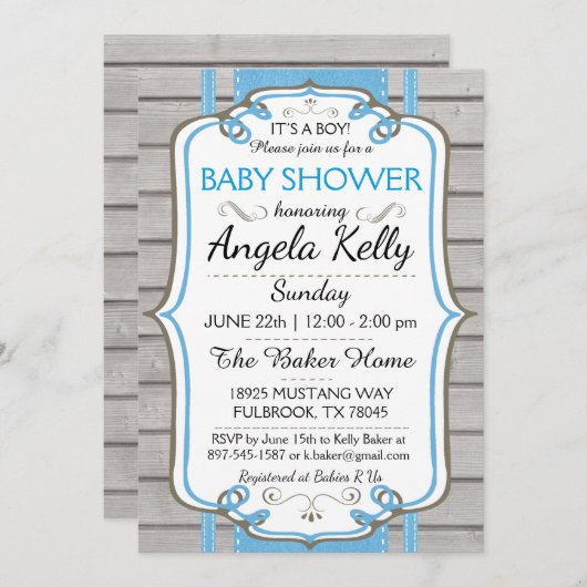 かわいい素朴ベビーシャワーSIPおむつ拭き青 招待状 (正面/裏面)