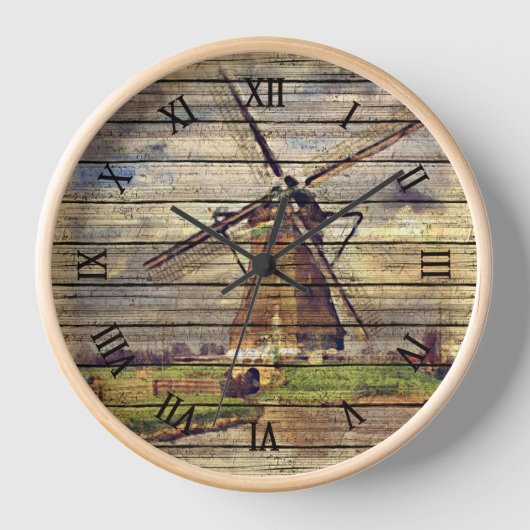 かわいい素朴ヴィンテージオランダ風車の水色 壁時計 (正面)