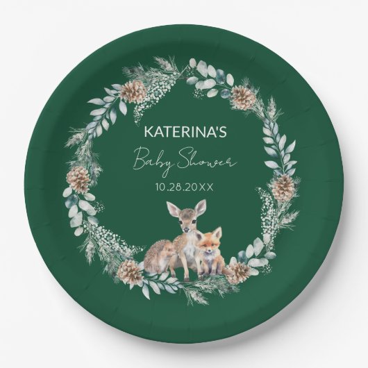 かわいい素朴冬の森の動物の赤ちゃんシャワー ペーパープレート (正面)