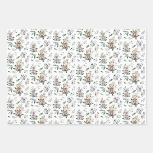 かわいい素朴冬の森の動物の赤ちゃんシャワー ラッピングペーパーシート (正面3)