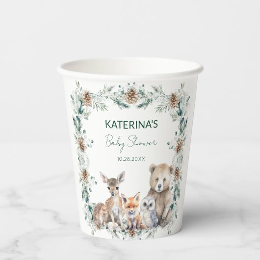 かわいい素朴冬の森の動物の赤ちゃんシャワー 紙コップ (裏面)