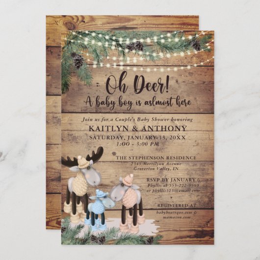 かわいい素朴冬の鹿カップル男の赤ちゃんシャワー 招待状 (正面/裏面)