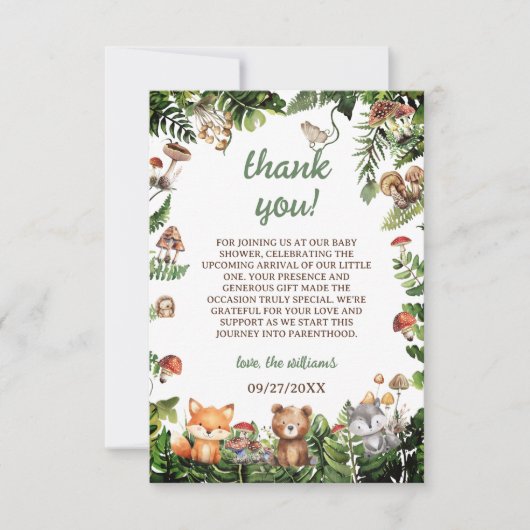 かわいい素朴動物の緑の赤ちゃんシャワーありがとう サンキューカード (正面)