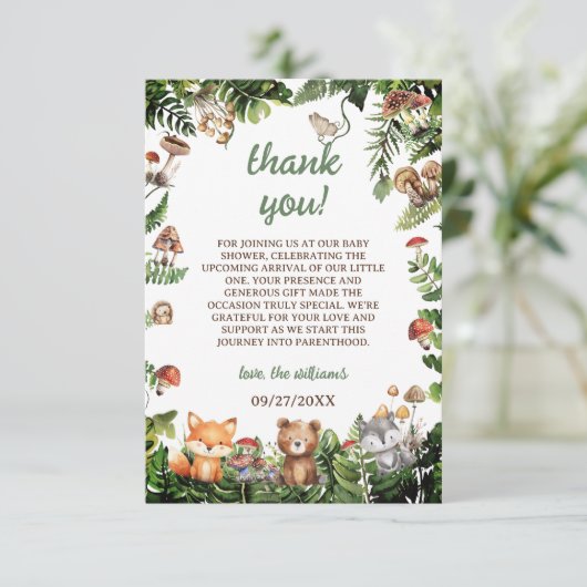 かわいい素朴動物の緑の赤ちゃんシャワーありがとう サンキューカード (スタンド正面)