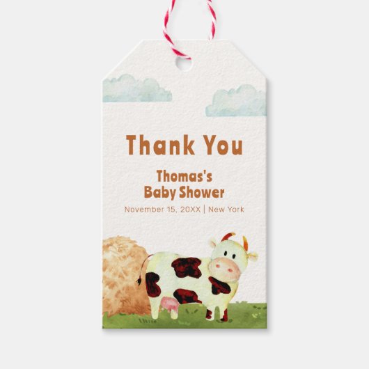 かわいい素朴水彩聖い牛農場の赤ちゃんシャワー ギフトタグ (正面)