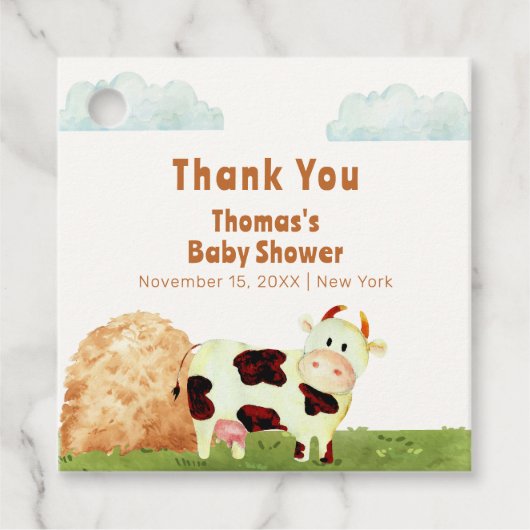 かわいい素朴水彩聖い牛農場の赤ちゃんシャワー フェイバータグ (正面)
