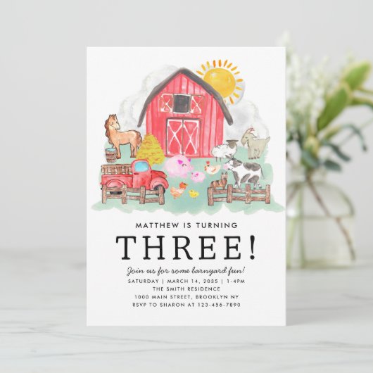 かわいい素朴納屋周囲の庭アニマルズキッズファーム誕生日 招待状 (スタンド正面)