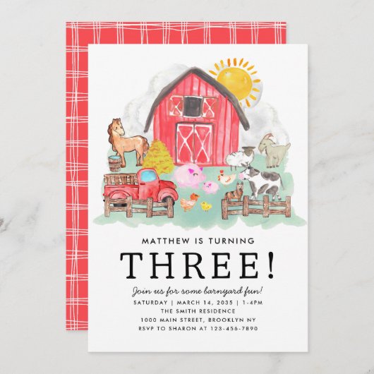 かわいい素朴納屋周囲の庭アニマルズキッズファーム誕生日 招待状 (正面/裏面)