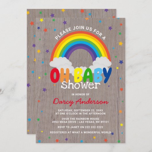 かわいい素朴虹カラフルの赤ちゃんシャワー 招待状 (正面/裏面)