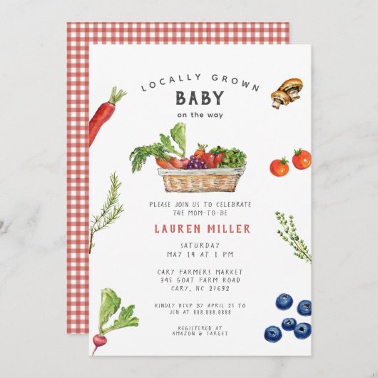 かわいい素朴農家市場ベビーシャワー 招待状 (正面/裏面)
